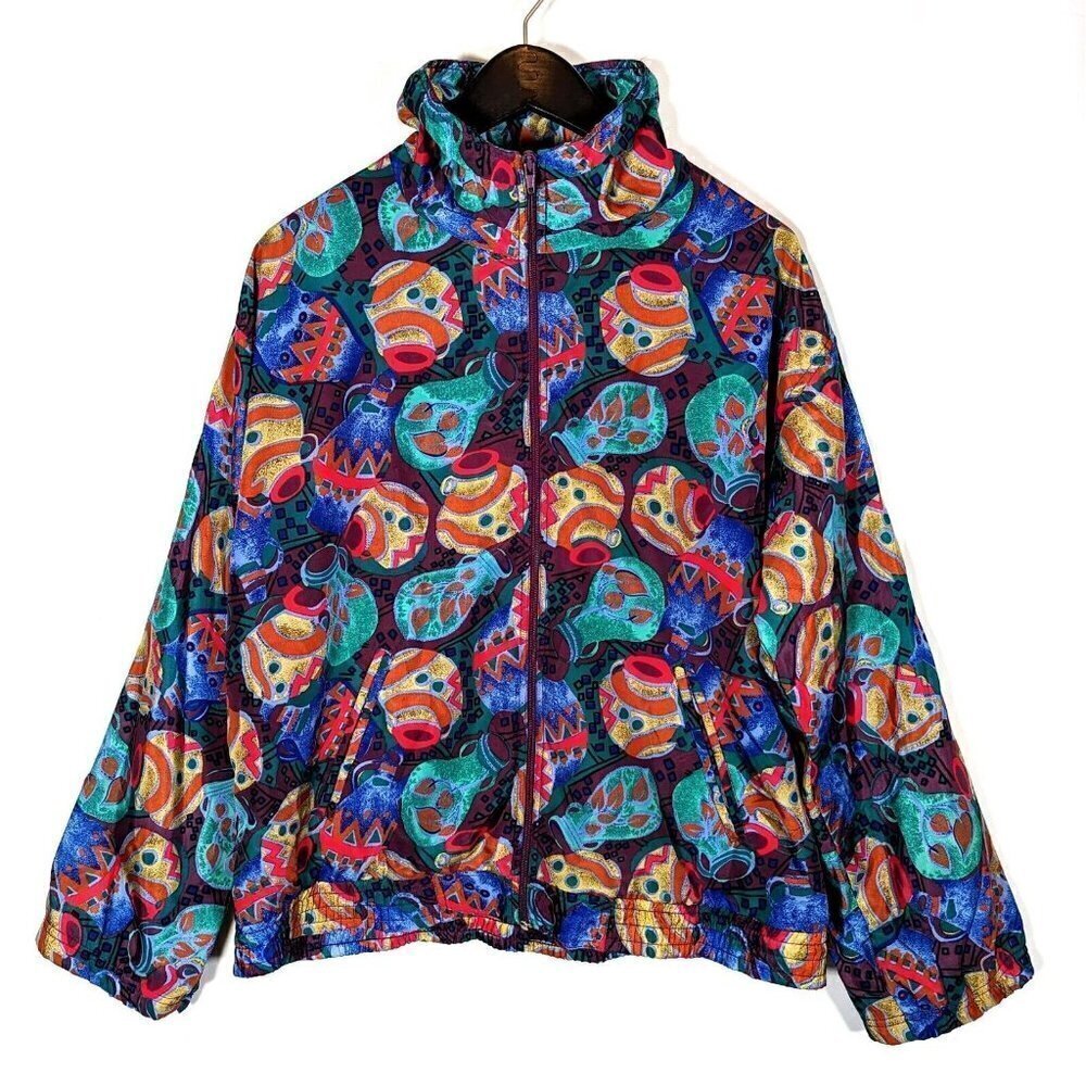 Vintage 80s EVR Roussa TONALA Pottery Satin Track Jacket M-L Retro Southwest